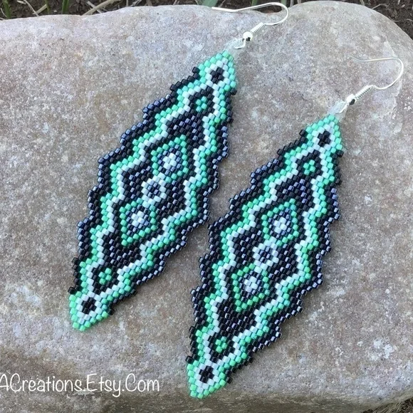 Mint Green, Black and Gunmetal Southwest Beaded Earrings, New, Handmade by Me - Picture 4 of 7